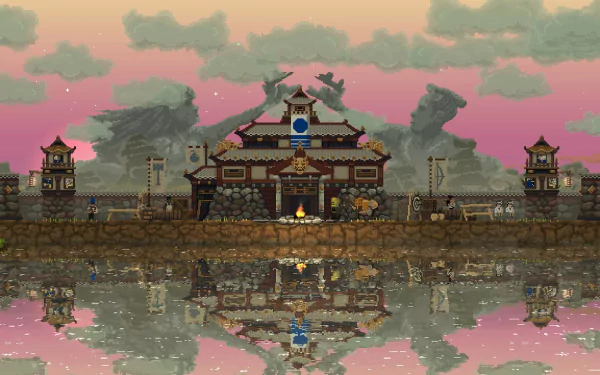 HD wallpaper featuring a serene scene from the game Kingdom: Two Crowns, showcasing a fortified structure with reflections on water at dusk.