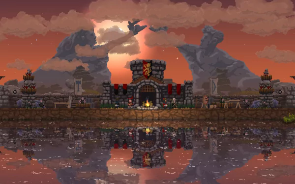 HD desktop wallpaper of Kingdom: Two Crowns game showing a fortified castle gate at sunset with mountains in the background and a reflection on water.