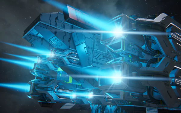 A detailed HD desktop wallpaper from the video game Space Engineers, featuring a futuristic spaceship with glowing engines set against a cosmic backdrop.