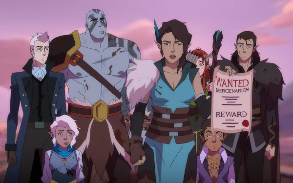 HD PC wallpaper from the TV show The Legend of Vox Machina: the Vox Machina crew stand at sunset, leader in blue center, a towering stone warrior at left and a Wanted: Mercenaries poster.