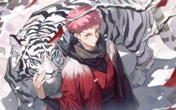 A HD desktop wallpaper featuring Yuji Itadori from the anime Jujutsu Kaisen, standing alongside a majestic white tiger, set in a snowy landscape.