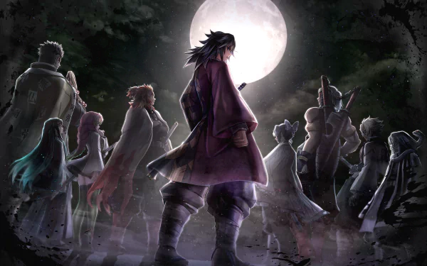 HD anime desktop wallpaper featuring Tengen Uzui, Shinobu Kochou, Sanemi Shinazugawa, Obanai Iguro, Muichiro Tokito, Mitsuri Kanroji, Kyojuro Rengoku, Gyomei Himejima, and Giyuu Tomioka from Demon Slayer: Kimetsu no Yaiba.