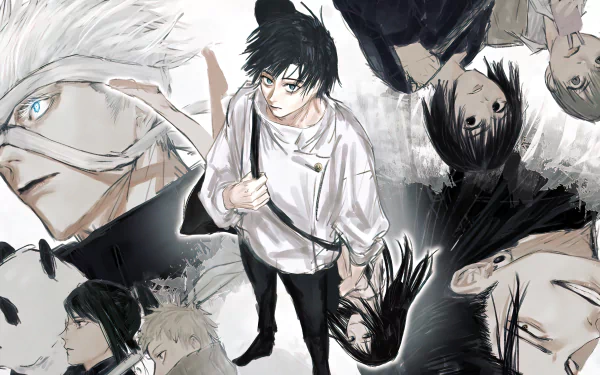 4K Ultra HD PC desktop wallpaper featuring Yuta Okkotsu and characters from the anime Jujutsu Kaisen in dynamic black and white artwork.