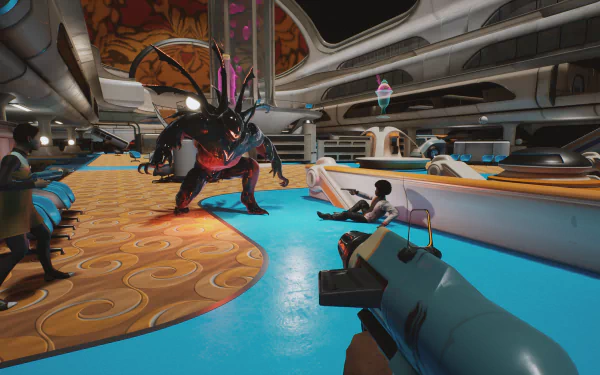 HD Wallpaper of The Anacrusis game with players facing an alien on a colorful spaceship interior.