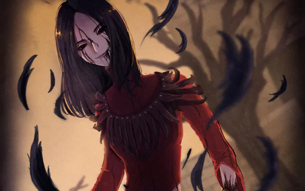 Carmina Mora from the video game Dead By Daylight in a red tattered dress, pale face and dark hair, surrounded by falling black feathers against a moody backdrop — 2K Quad HD PC desktop wallpaper.