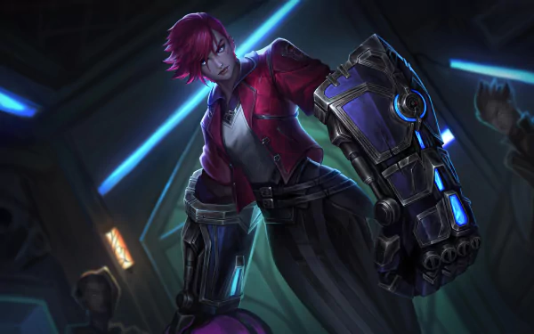 VI from League of Legends and Arcane stands in a dark, futuristic setting wearing her iconic gauntlets, depicted in vibrant 4K Ultra HD PC desktop wallpaper.