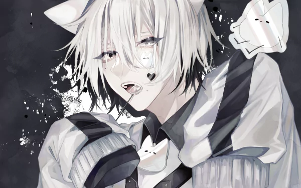 Anime boy with white hair, cat-eared hood and eye patch, pale tones and black paint splatters — 5K Ultra HD PC desktop wallpaper and background.