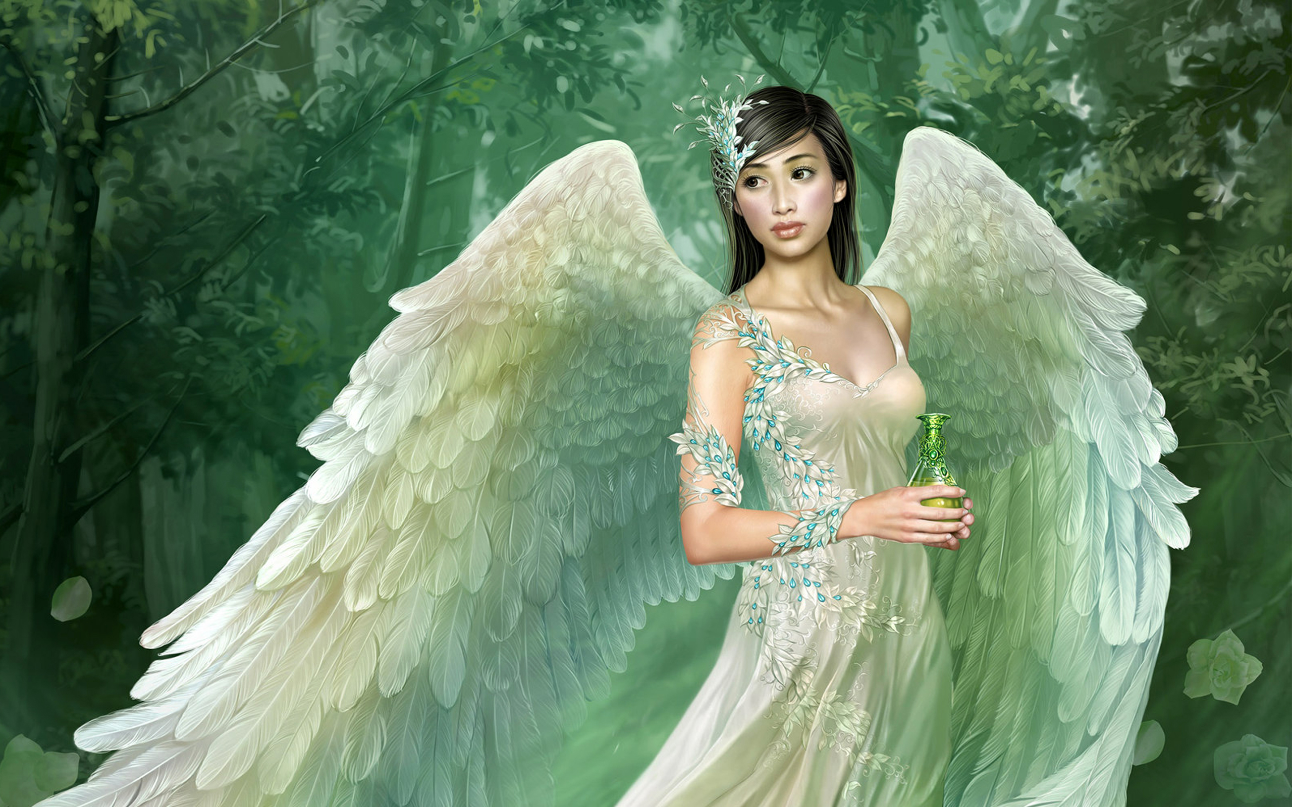 Fantasy artwork featuring an angel with majestic wings - Love Potion by Yuehui Tang.