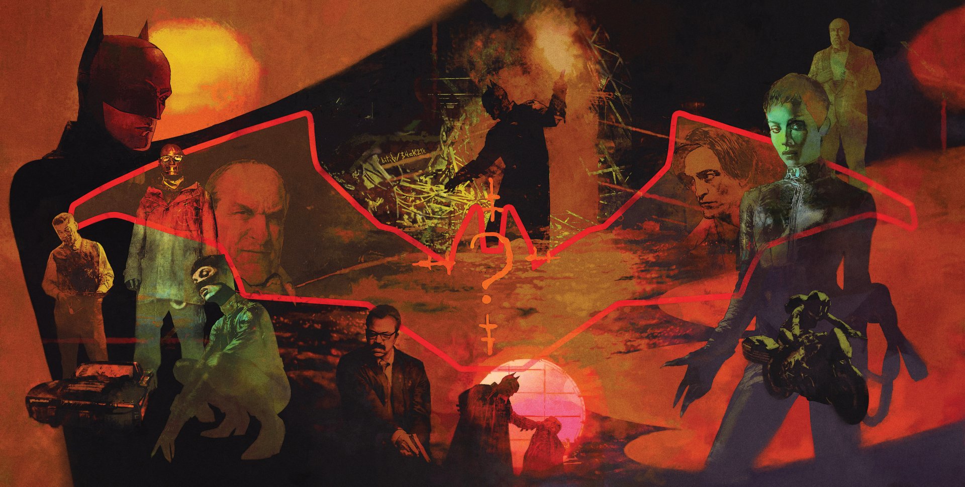 2K Quad HD PC desktop wallpaper: The Batman movie collage with a red bat emblem, shadowed Batman silhouette, menacing villains and a moody orange-red cityscape.
