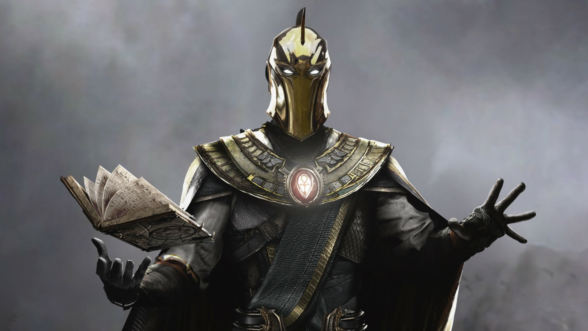 HD PC desktop wallpaper featuring Doctor Fate from DC Comics, depicted in mystical armor with a glowing amulet and an open magical book, set against a smoky background.