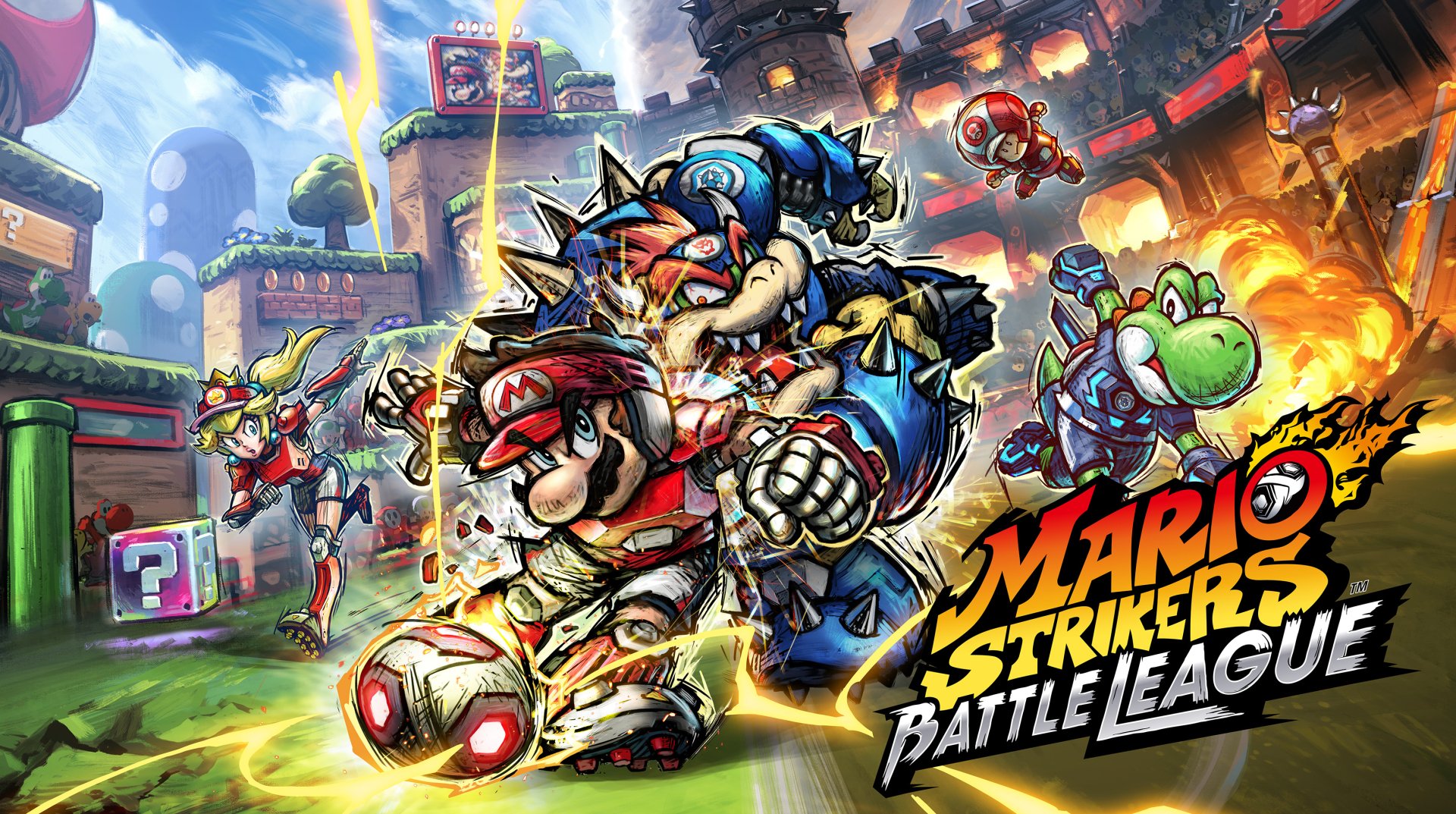 HD PC desktop wallpaper featuring Mario, Yoshi, and Bowser in an action-packed scene from the video game Mario Strikers: Battle League.