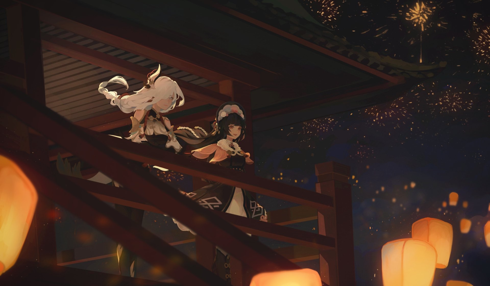 Yun Jin and Shenhe from Genshin Impact share a moment on a wooden balcony under a starry sky with glowing lanterns in this 4K Ultra HD PC desktop wallpaper.