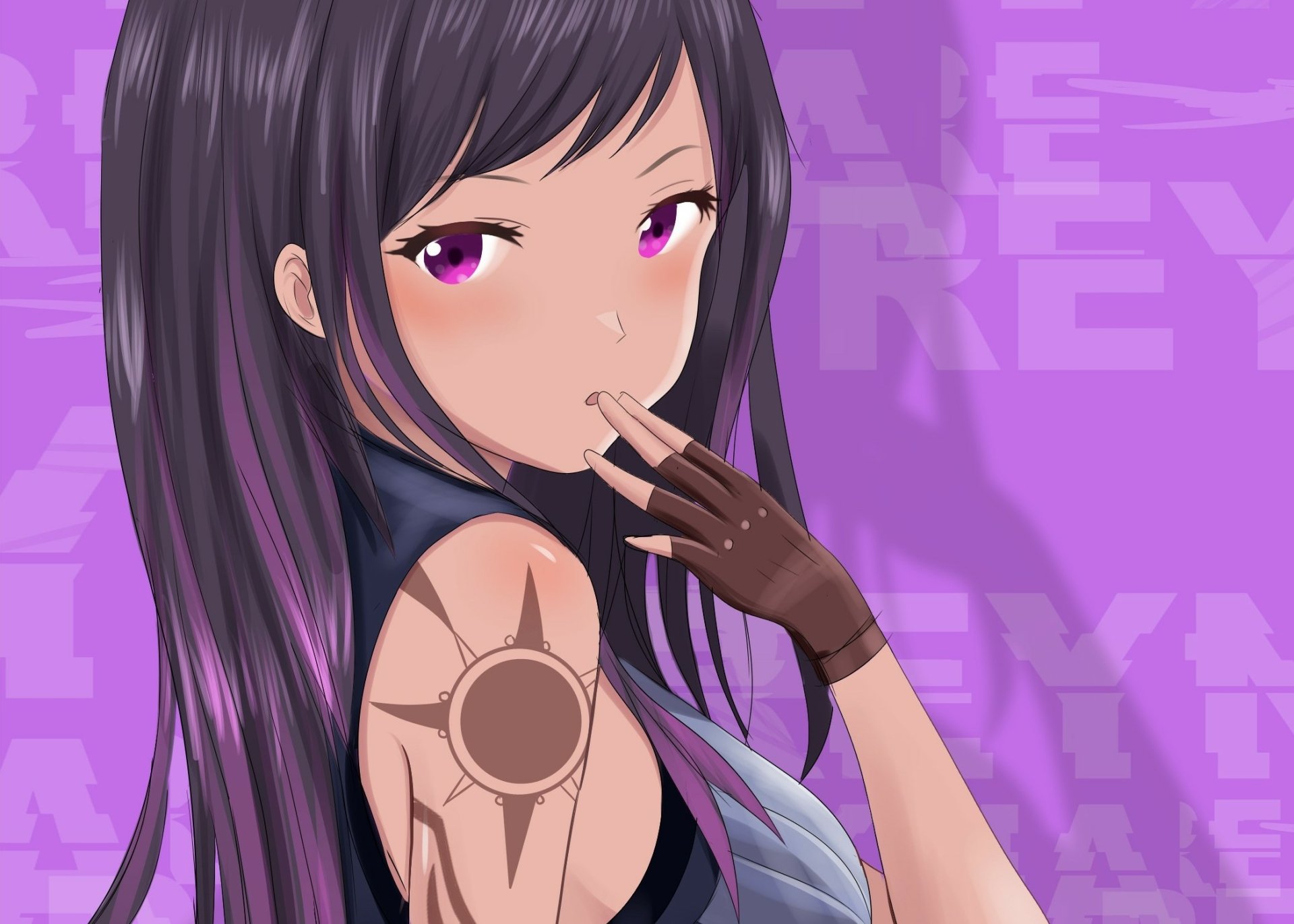 HD PC desktop wallpaper featuring Reyna from the video game Valorant, showcasing her with striking purple eyes and signature tattoo against a purple background.
