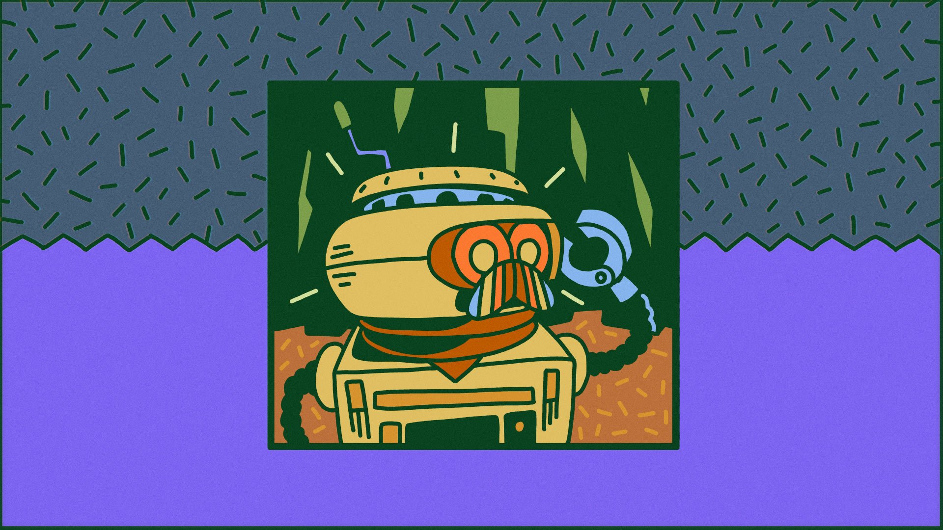 High-definition desktop wallpaper featuring a stylized illustration of a grounded robot in a dynamic pose with a dramatic green and yellow backdrop.