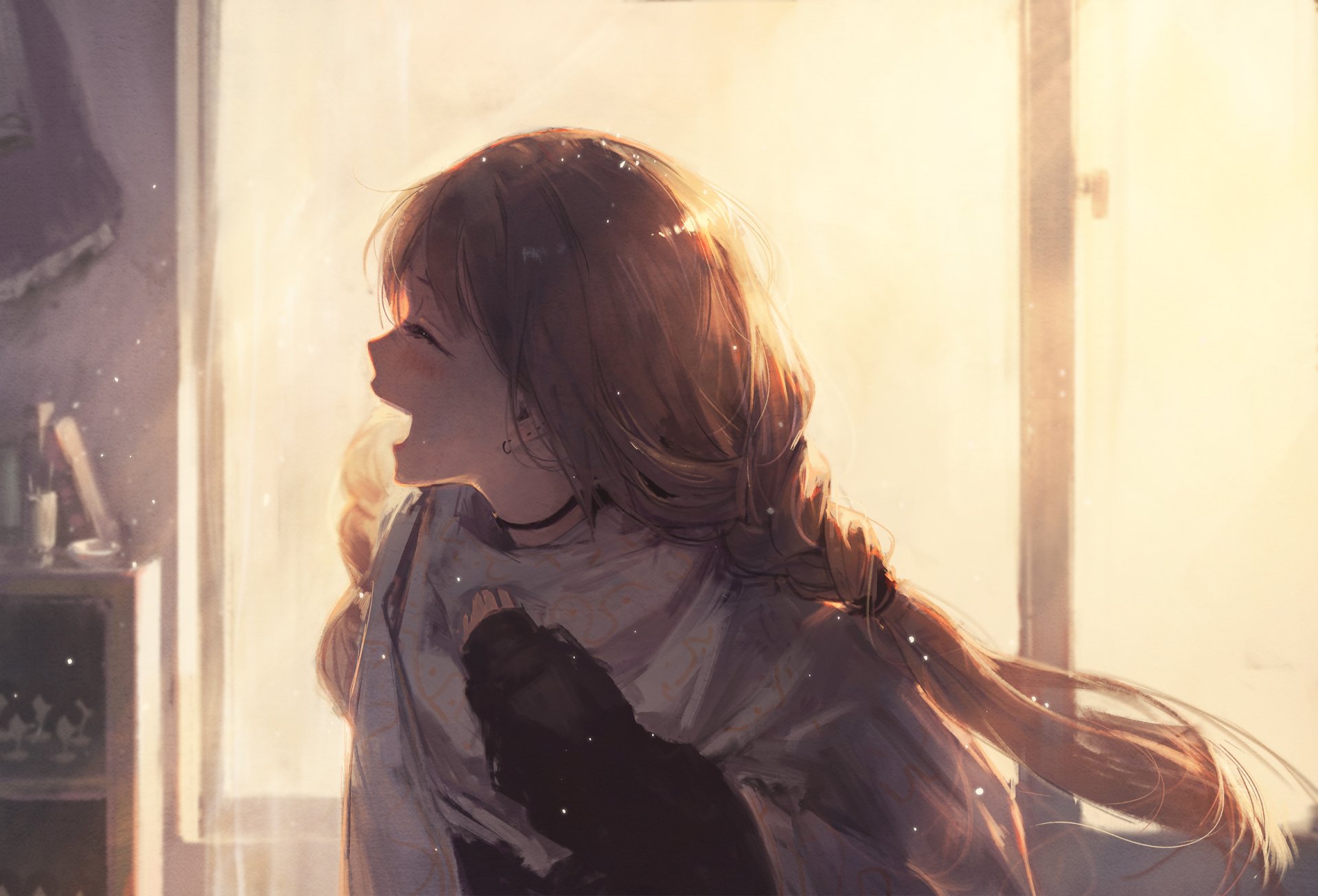 HD PC desktop wallpaper featuring Marin Kitagawa from the anime My Dress-Up Darling, depicted with warm lighting and a soft, detailed art style.