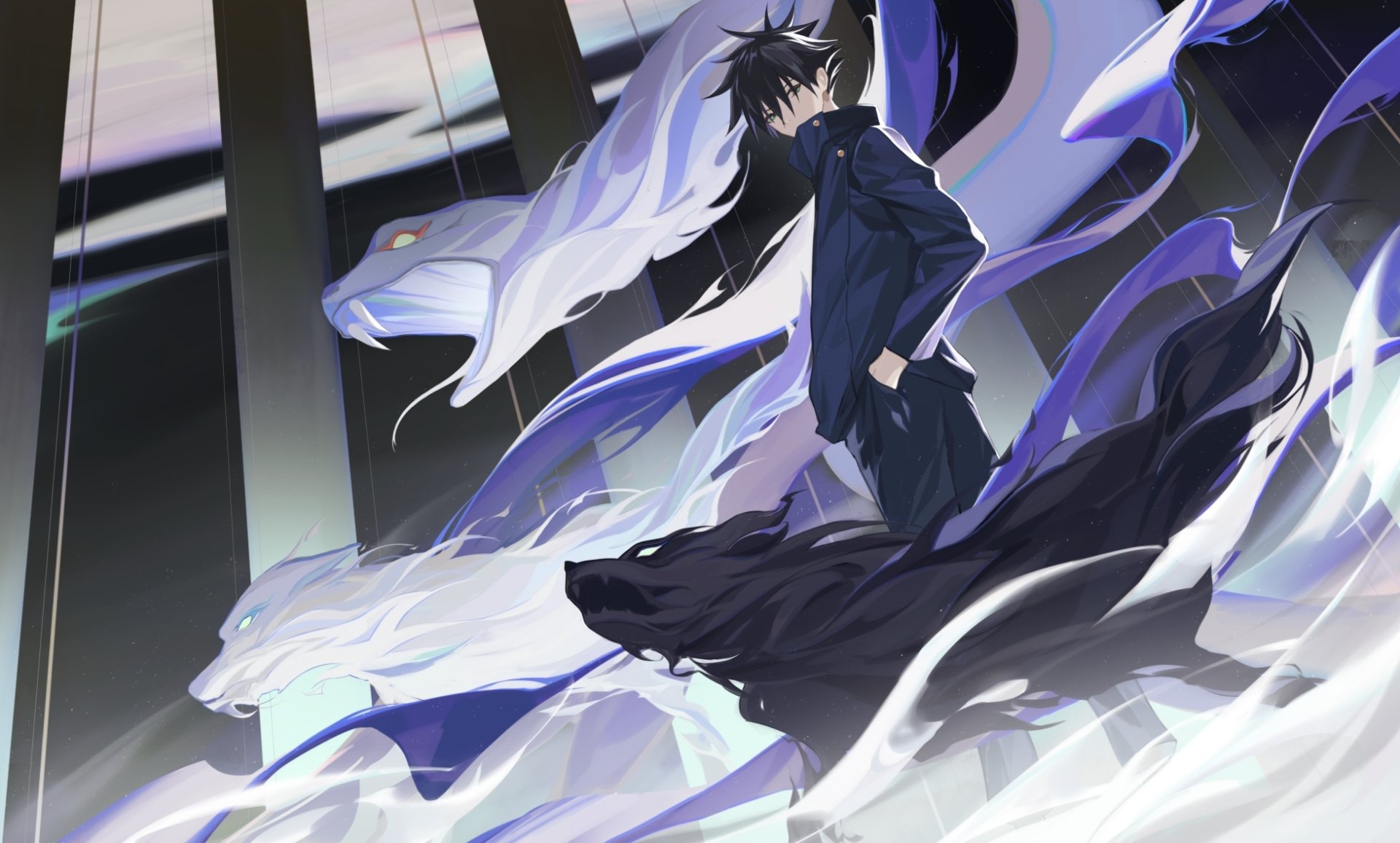 HD PC desktop wallpaper featuring Megumi Fushiguro from the anime Jujutsu Kaisen, depicted in dynamic motion with ethereal, flowing white and black energy.