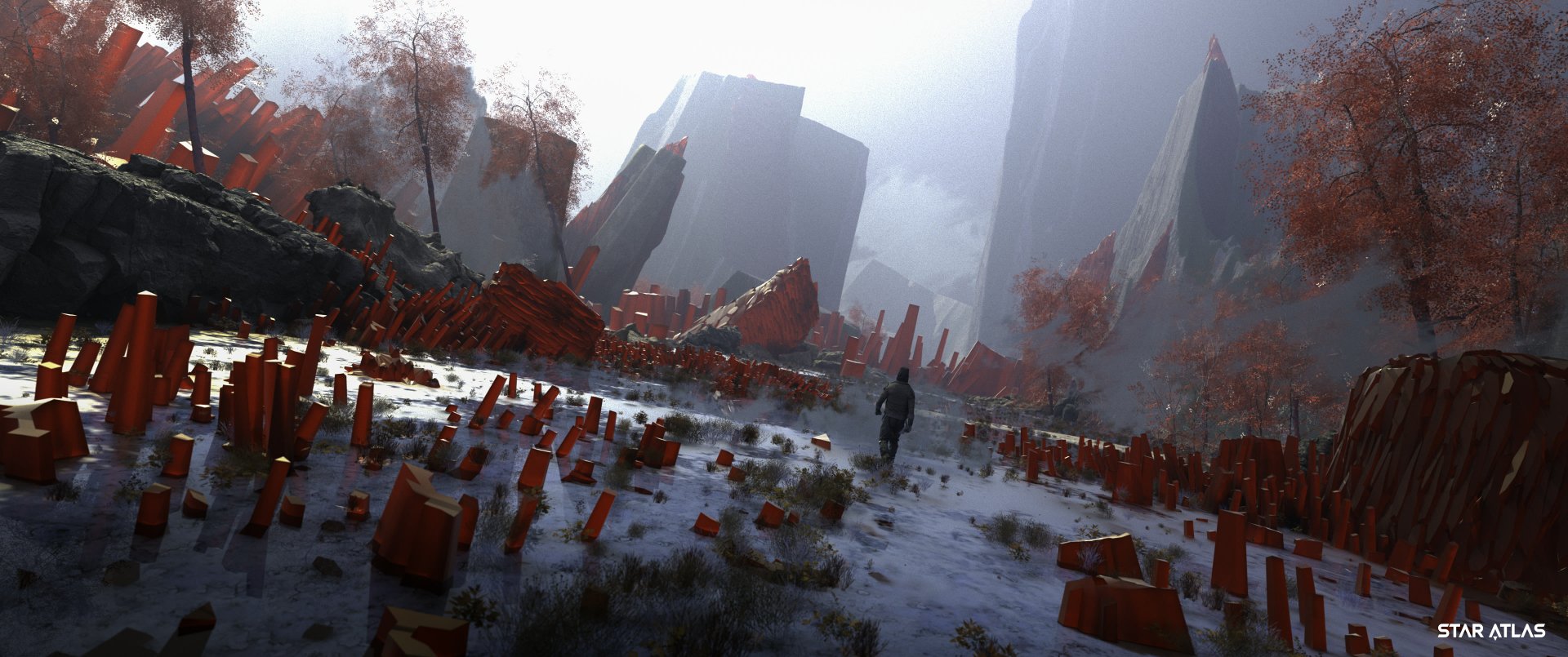HD desktop wallpaper of a Star Atlas scene with a figure exploring an alien landscape with red foliage and towering rock formations.