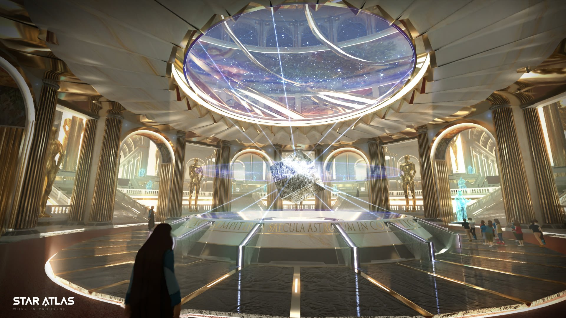 HD desktop wallpaper of Star Atlas futuristic space station interior with a view of the cosmos through a large dome window.