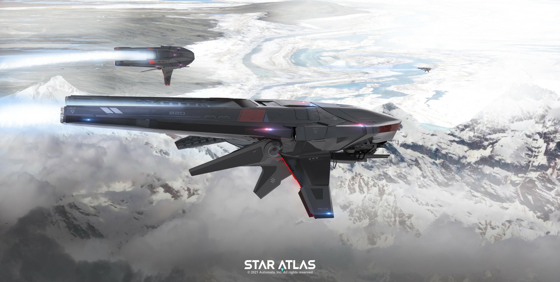Star Atlas HD wallpaper featuring futuristic spaceships flying over icy planet surface for desktop background.