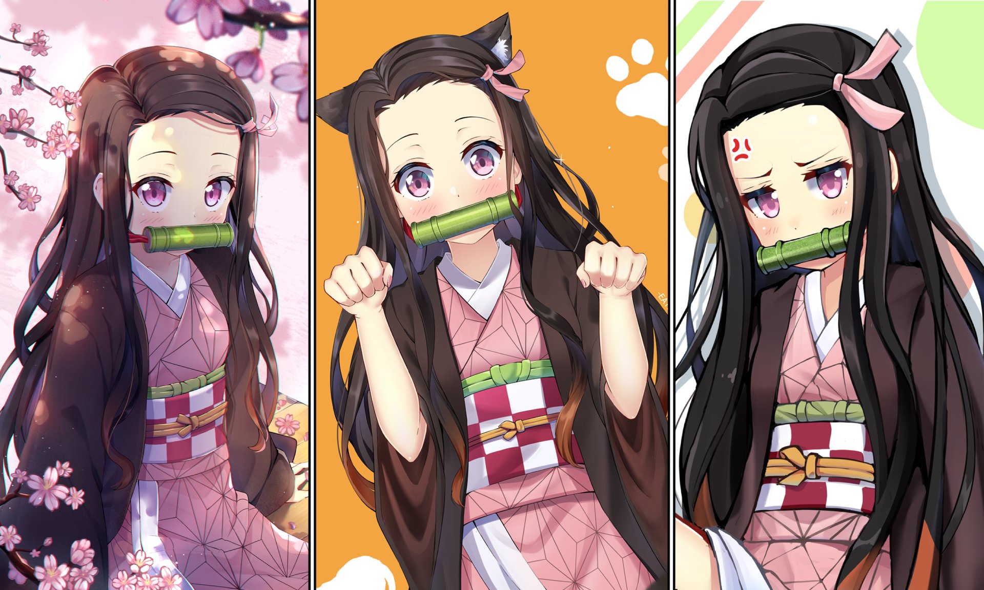 HD PC desktop wallpaper featuring three vibrant anime-style illustrations of Nezuko Kamado from Demon Slayer: Kimetsu no Yaiba in different poses and backgrounds.