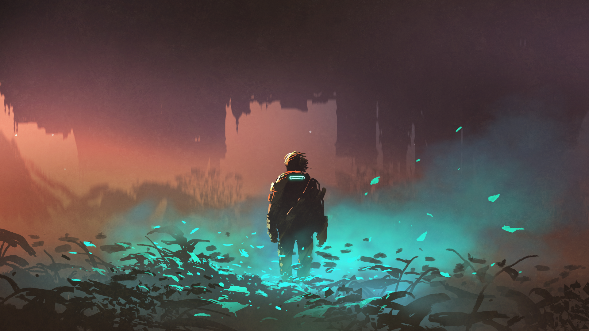 Artistic 4K Ultra HD PC desktop wallpaper and background showing a lone human figure amid teal-glowing foliage and mist, standing toward a distant, crumbling skyline at dusk.