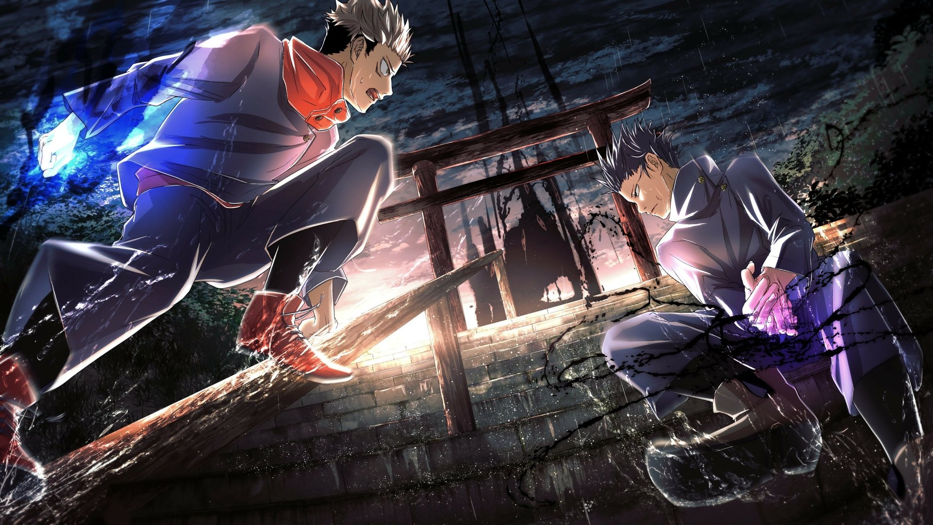 4K Ultra HD anime wallpaper featuring Yuji Itadori and Megumi Fushiguro from Jujutsu Kaisen in an intense nighttime battle near a torii gate.