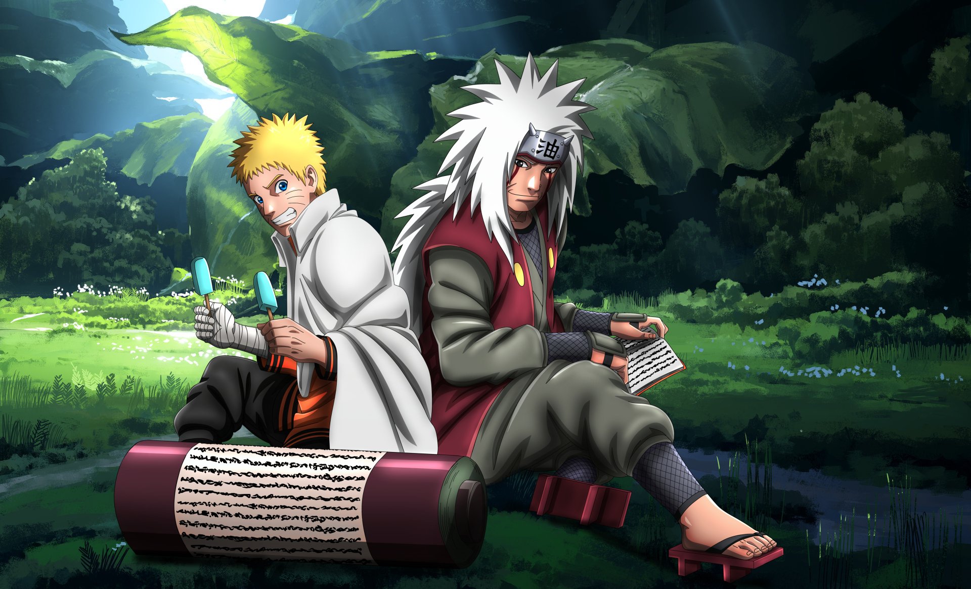 Jiraiya and Naruto Uzumaki from Naruto sit back-to-back in a lush forest, depicted in vibrant 4K Ultra HD anime style for a PC desktop wallpaper.