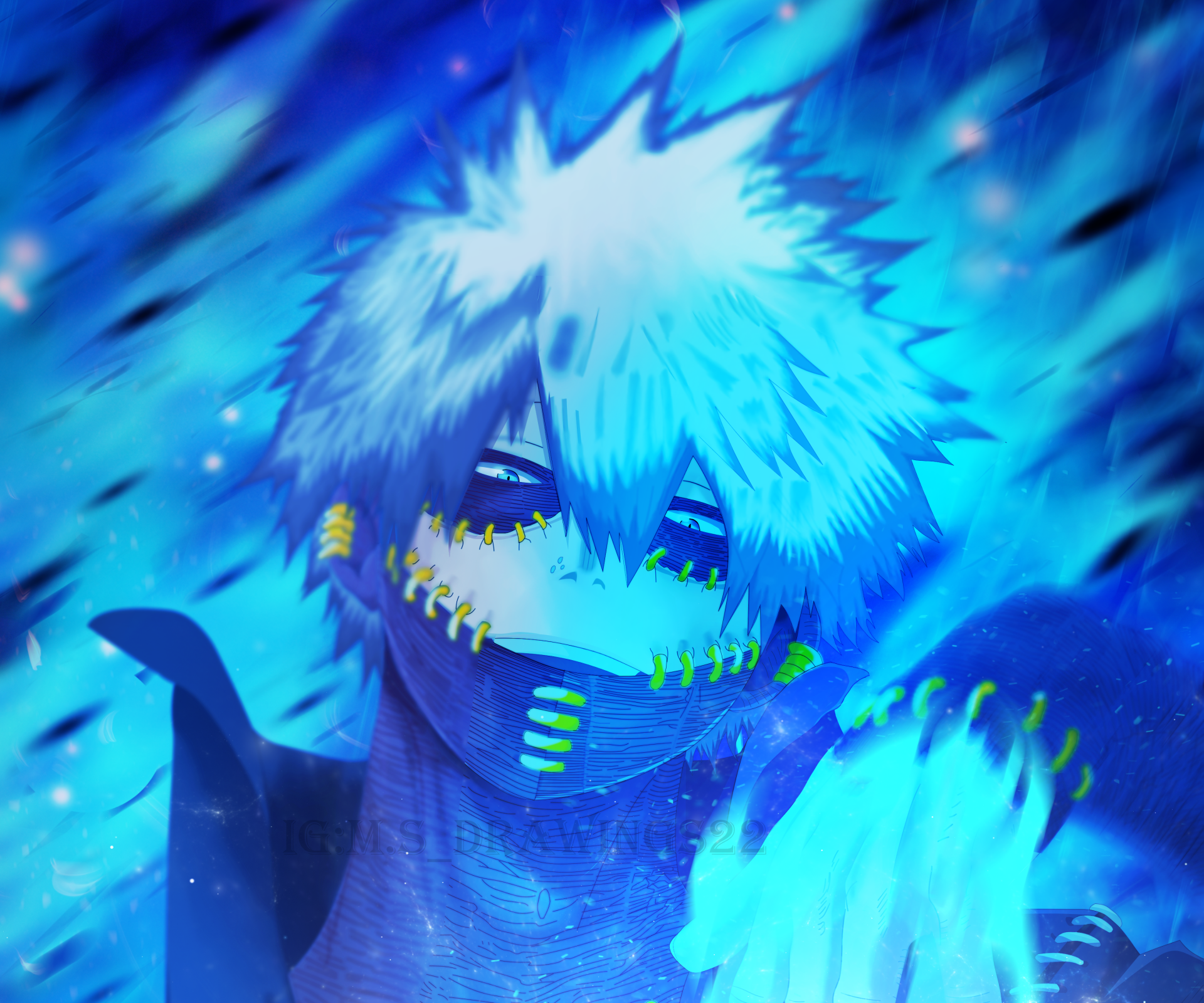 HD anime desktop wallpaper featuring Dabi from My Hero Academia with vibrant blue flames and detailed character design.