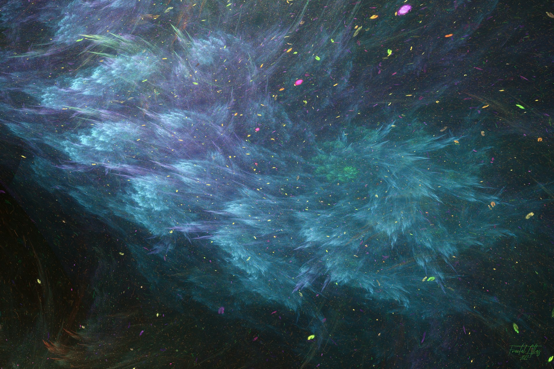 Abstract shapes form a swirling, ethereal blue nebula with scattered colorful specks, rendered in vibrant 4K Ultra HD for a striking PC desktop wallpaper background.