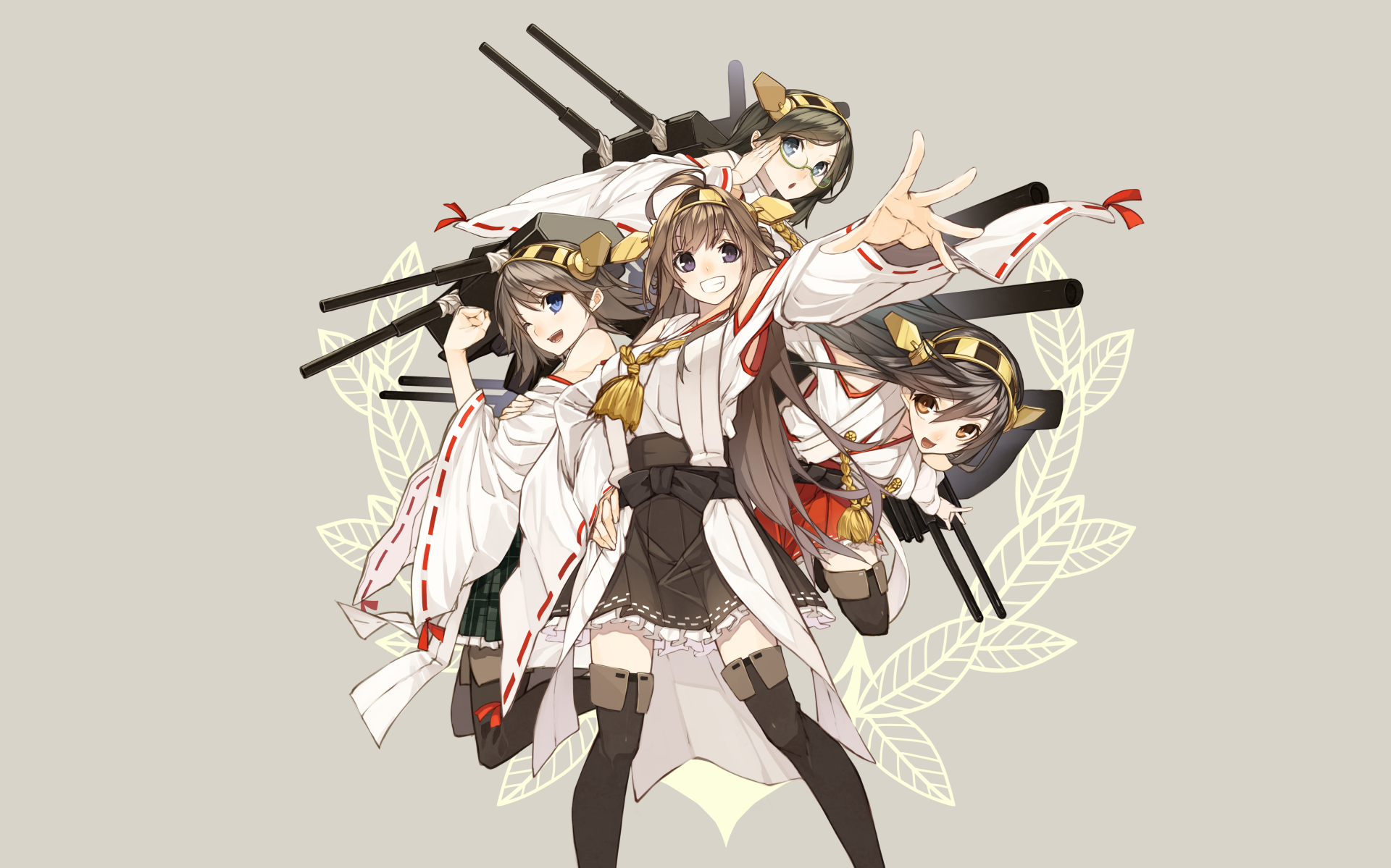 HD desktop wallpaper featuring anime characters Kirishima, Hiei, Haruna, and Kongou from Kantai Collection, showcasing them in dynamic poses against a light background.