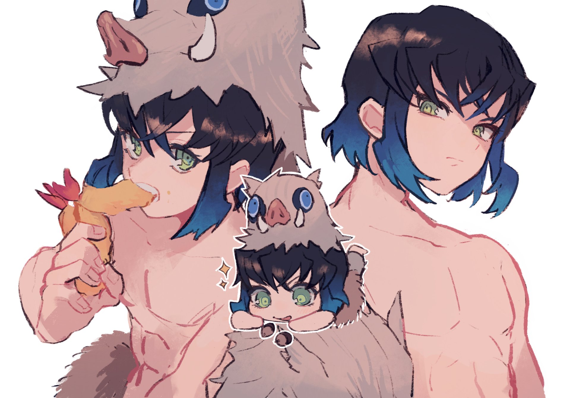 HD PC desktop wallpaper featuring Inosuke Hashibira from the anime Demon Slayer: Kimetsu no Yaiba in three different poses, showcasing his boar mask and fierce expression.