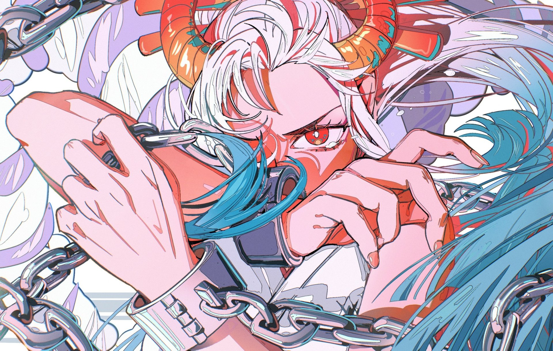 HD PC desktop wallpaper featuring Yamato from One Piece in vibrant anime style with dynamic pose and detailed chain accessories.