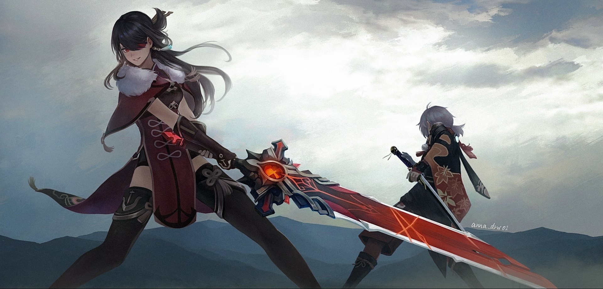 HD PC wallpaper featuring Kaedehara Kazuha and Beidou from Genshin Impact, showcasing dynamic poses with detailed weapons against a cloudy sky backdrop.