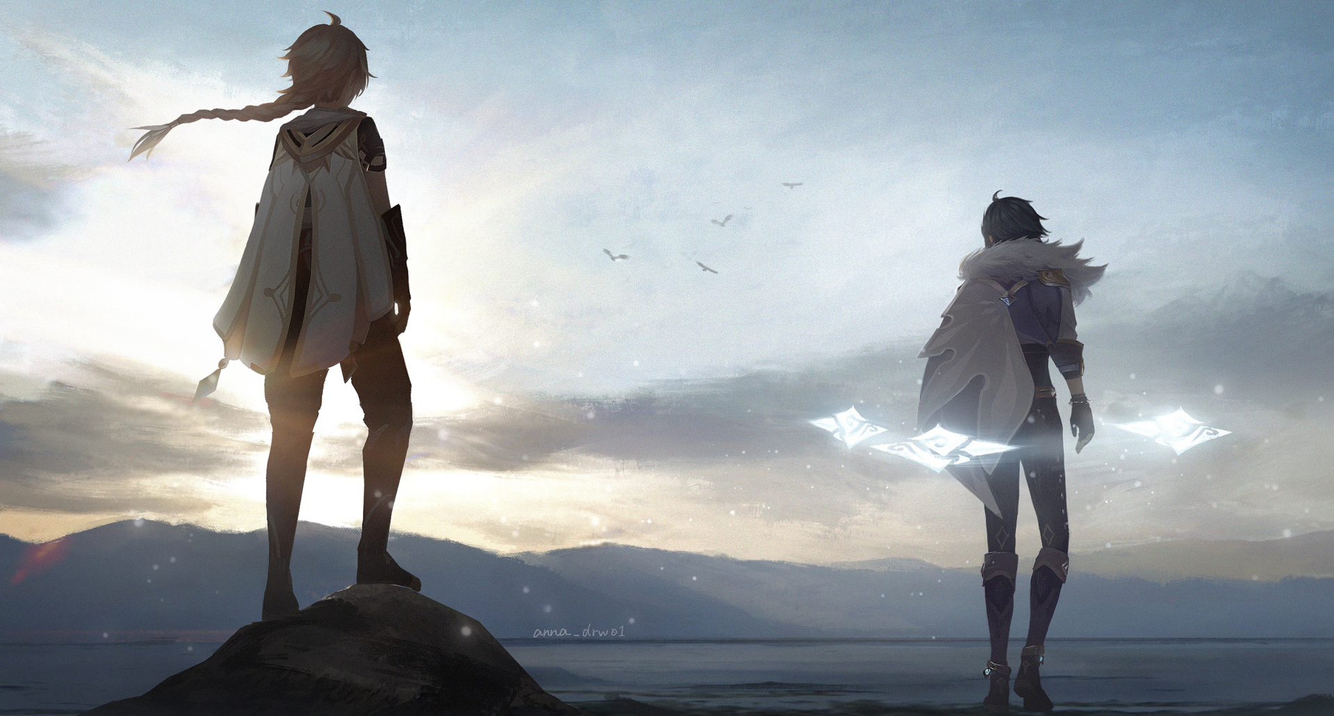 A stunning HD wallpaper featuring Kaeya and Aether from Genshin Impact, set against a breathtaking horizon, capturing the essence of adventure in the video game world.