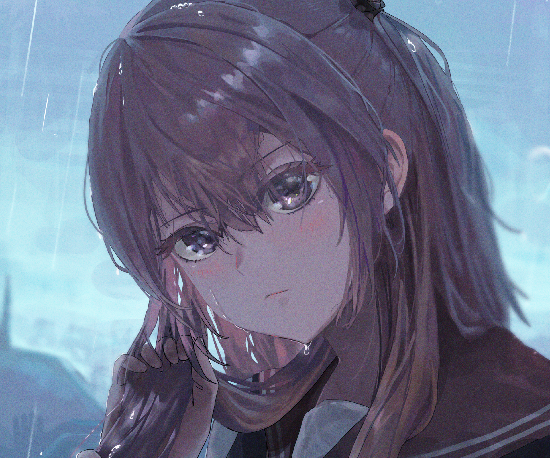 Close-up of Sajuna Inui (My Dress-Up Darling) with wet hair and reflective eyes in soft blue rain — 2K Quad HD PC desktop wallpaper.