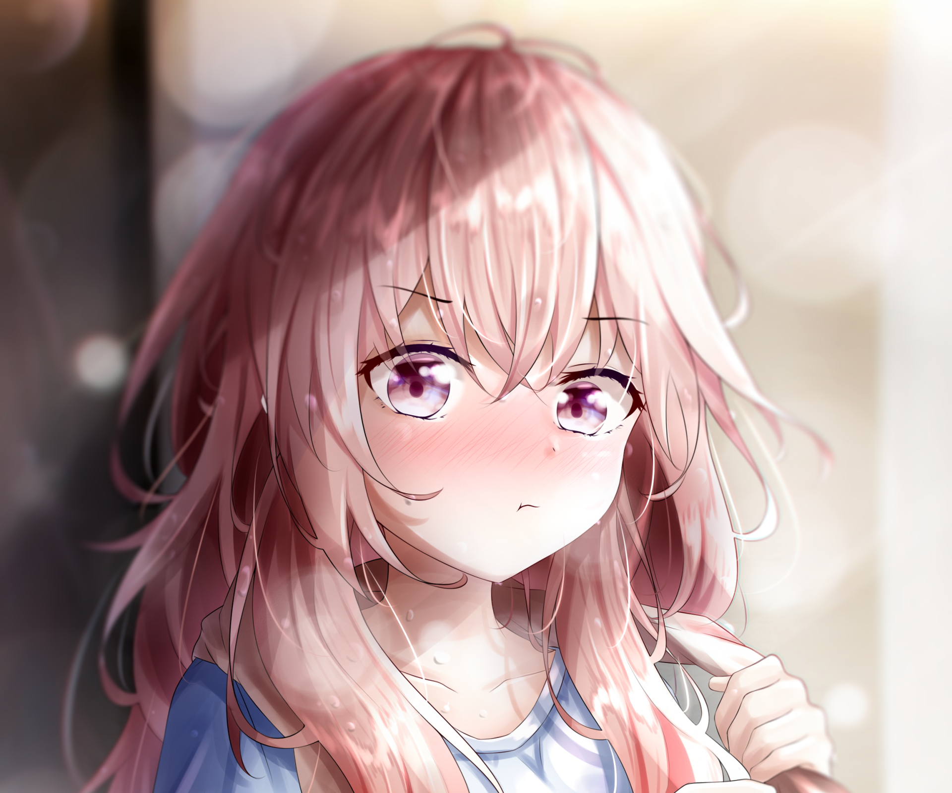 Close-up portrait of Sajuna Inui from My Dress-Up Darling, blushing with pink hair and violet eyes — HD PC anime desktop wallpaper/background.