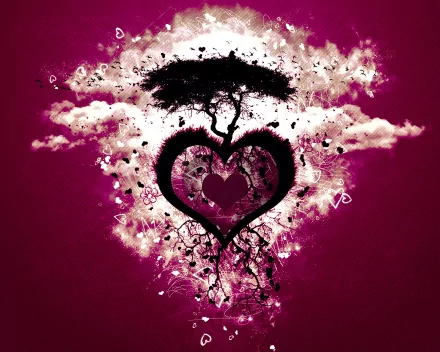 Artistic HD wallpaper featuring a tree growing from the top of a heart, symbolizing love. The vibrant artwork in shades of pink and purple provides a captivating desktop background.