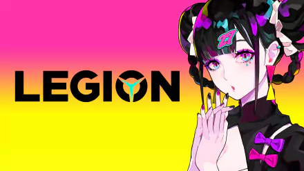 8K Ultra HD PC desktop wallpaper featuring Lenovo Legion technology branding on a neon pink-to-yellow gradient and a cyberpunk anime girl wearing a Legion headset.