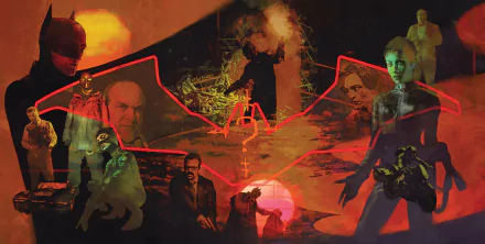 2K Quad HD PC desktop wallpaper: The Batman movie collage with a red bat emblem, shadowed Batman silhouette, menacing villains and a moody orange-red cityscape.