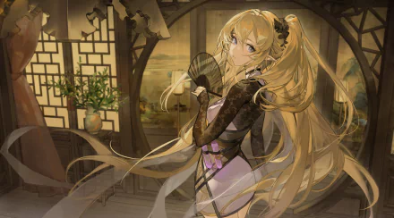 Indigo (Arknights) in an ornate, warm interior with long flowing blonde hair and lace gloves, holding a fan — video game artwork, 2K Quad HD PC desktop wallpaper/background.