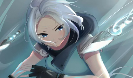4K Ultra HD PC desktop wallpaper featuring Jett from the video game Valorant in a dynamic action pose with her signature white hair and blue eyes.