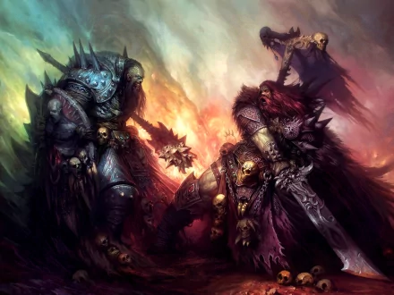 An intense Warhammer battle scene from a video game, featuring armored warriors clashing amidst a fiery, chaotic background. This HD desktop wallpaper captures the dark, epic atmosphere of the game.