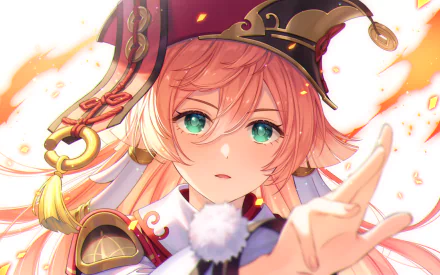 HD PC desktop wallpaper featuring Yanfei from the video game Genshin Impact with a detailed, vibrant design and fiery accents.