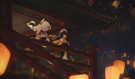 Yun Jin and Shenhe from Genshin Impact share a moment on a wooden balcony under a starry sky with glowing lanterns in this 4K Ultra HD PC desktop wallpaper.
