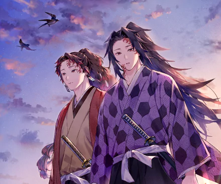 HD PC desktop wallpaper featuring Kokushibo and Yoriichi Tsugikuni from the anime Demon Slayer: Kimetsu no Yaiba, standing side by side in traditional robes against a pastel sunset sky.