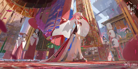 HD PC desktop wallpaper featuring Yae Miko Guuji, Baal Raiden Shogun, and Kazari from the video game Genshin Impact in a vibrant, detailed setting.