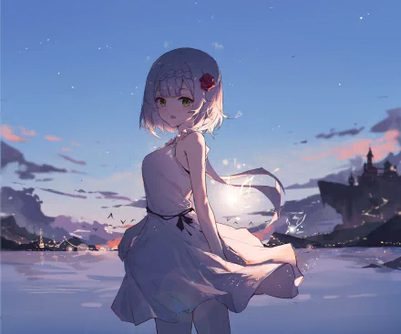 HD PC desktop wallpaper featuring Noelle from the video game Genshin Impact, set against a serene, glowing twilight landscape.