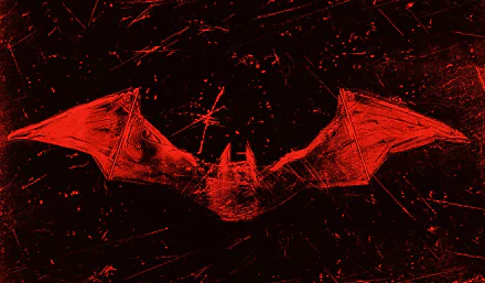 Red, scratched bat silhouette evoking The Batman movie, textured grunge on black — 5K Ultra HD PC desktop wallpaper and background.