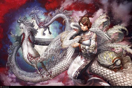 HD fantasy wallpaper featuring a woman with a Kirin from Monster Hunter, highlighted by fiery elements. The majestic, winged horse-like creature is depicted with intricate details in a vibrant, mythical scene.