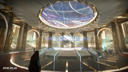 HD desktop wallpaper of Star Atlas futuristic space station interior with a view of the cosmos through a large dome window.